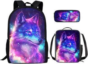 HELLHERO 3pcs/set Galaxy Wolf Backpack School Bag Boys Secondary School Girls Schoolbag for Kids Bookbag with Lunch Box Pencil Purse Hiking Camping Travel Picnic Laptop Backpacks Rucksacks