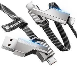 Vexipia 4-in-1 USB C Cable 60W 3FT Compatible with Lightning Cable [Fast Charging & Data Transfer] Flat Nylon Braided for iPhone iPad Charger Cord, Multi Charge Wire Combo with L/Type C/USB A Port