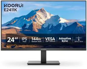 KOORUI 24 Inch Computer Gaming Monitor Full HD 1920 x 1080p 144Hz IPS Ultra-Slim Display with HDMI VGA, Adaptive Sync, 99% SRGB, VESA 100x100mm, Eye Care, Tilt, Black, E2411K