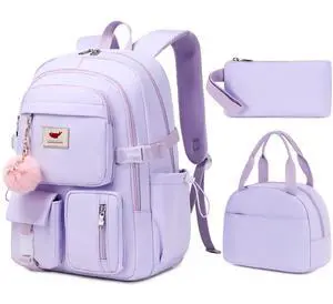 Laptop Backpack 15.6 Inch Elementary Middle High School Bag College Backpacks with Lunch Box Pencil Pouch 3 PCS Set Travel Bookbags for Teens Girls Women Students (Purple)