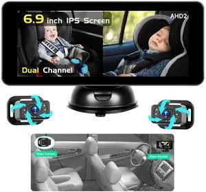 Baby Car Camera for 2 Kids, 6.86" 1080 FHD Dual Car Camera Baby Monitor with Split-Screen, IR Night Vision, 360° Rotation, Easy Install for Safety & Convenience for Twins, Multi-Child