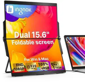 Ingnok 15.6" Dual Monitor, FHD 1080P 100% sRGB Laptop Screen Extender for Windows Mac, with 4 Speakers, 2 HDMI USB C Ports, for Office Gaming Triple Monitor