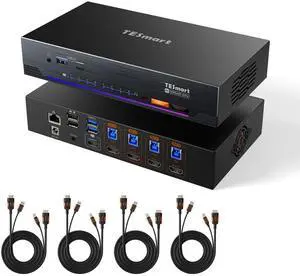 TESmart 8K@60Hz HDMI KVM Switch 4 Computers 1 Monitor USB 3.0, 4 Port KVM 4K@144Hz for Gaming, 1G Ethernet, EDID Emulators, Hotkey Switch, ADI Chip, Audio & Microphone with All Input Cables