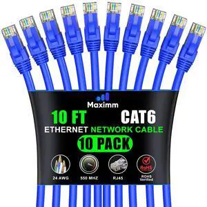 Maximm Cat 6 Ethernet Cable 10 ft (10-Pack) - High-Speed LAN Cable, Internet Cable, Patch Cable, and Network Cable - UTP, 10Gbps, 550MHz Ethernet Cord - Blue