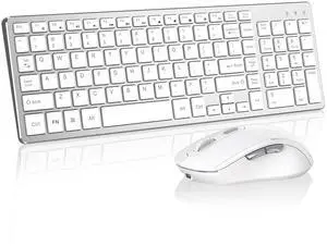 Wireless Keyboard Mouse Combo - Rechargeable, Quiet, Compact Design with Number Pad, 2.4 GHz USB Receiver, Slim Keyboard and Ergonomic Mice Set for Windows Computer Desktop PC Laptop -Silver White