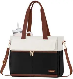 LOVEVOOK Laptop Bag for Women 15.6 Inch Canvas Laptop Large Capacity Work Bags Mutiple Pockets Teacher Bag Water Resistant Computer Bags for Business Travel Nurse, Black Brown