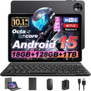 Raemond Android 15 Tablet 10 Inch with Keyboard Mouse, Octa-core CPU,RAM 18GB, ROM 128GB (Up to 1 TB), 800x1280 Widevine L1, WiFi 6 & Bluetooth 5.4, Dual Speakers, 5MP+8MP, 6000mAh, GPS