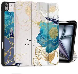 Yebiseven for iPad Air 13 M3/M2 Case 2025 2024 Released A3268/A3269/A3271/A2898/A2899/A2900, Shockproof Tablet Case with Trifold Stand & Pencil Holder & Auto Sleep/Wake, Golden Peony