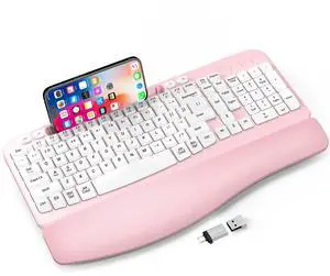 Ergonomic Wireless Keyboard with Cushioned Wrist Rest, Wave Keys, Phone Holder, Comfortable Natural Typing, 2.4GHz Full Size Cordless USB Computer Keyboard for Windows, Mac OS, Laptop, PC (Pink)