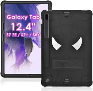 DETUOSI Case for Samsung Galaxy Tab S7 FE 5G/ S8 Plus/ S7 Plus 12.4 inch Tablet, Full Body Heavy Duty Kids Friendly Protective Cover with Folding Stand & Shoulder Strap for S8+ 2022/S7 FE 2021, Black