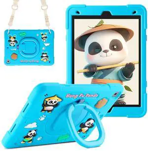 YVYI Case for iPad 9th/8th/7th Generation, iPad 10.2 Inch 2021/2020/2019, Funny Cartoon Silicone 3D Panda Design Kids Case Heavy Duty Protection with Stand/Pencil Holder/Shoulder Strap (Blue)