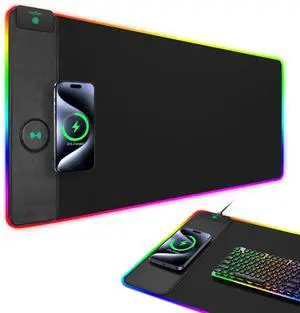 Mouse Pad with Wireless Charging, RGB Gaming Desk Mat, Large XXL Desk Pad, 15 Lighting Modes, Ultra-Smooth Surface, Non-Slip Mouse Mat, Waterproof Computer Keyboard Pad for Gamer, 800x400x4MM, Black