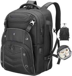 RoyalAnt Large Travel Laptop Backpack for Men,55L Backpack with Wheels,17.3inch Basketball Bag with Shoe Compartment, TSA Lock, USB & Type-C Wheeled Backpack for Travel Work Sports,Black