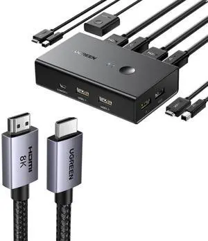 UGREEN KVM Switch 1 Monitor 2 Computers, Share 4 USB Ports, HDMI KVM Switch for Keyboard Mouse Printer Bundle with 8K HDMI 2.1 Cable 48Gbps 6.6FT, Certified Ultra High Speed Cord Aluminum