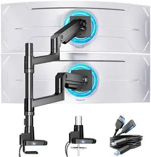 ARES WING Dual Monitor Stand for Ultrawide Heavy Duty Curved Monitor Stacking, Fits 17-49 Inch, Vertical Gas Spring Double Monitor Mount with USB, Adjustable Dual Monitor Mount for Desk, Black