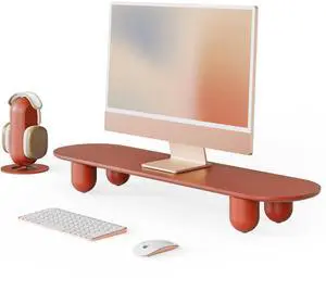 Fenge Monitor Riser, 34 Inch Dual Monitor Stand for Large Monitors, Desk Organizer with Wooden Shelf & Solid Wood Legs, Computer Stand for Laptop, TV, PC, Printer, Red