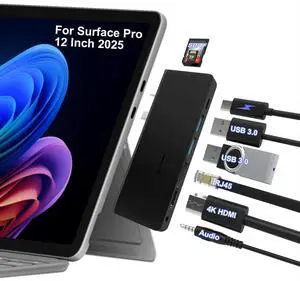 Surface Pro 12 USB Hub, Surface Pro 12 inch Docking with 4K HDMI, USB-C Thunderbolt 4 (Display+Data+100W PD), 2 USB 3.0, 3.5mm Audio, 100M Ethernet, SD/TF Card Slot for Surface Pro 12 inch 2025
