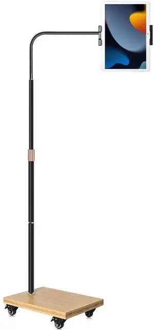 wishacc Tablet Floor Stand with Adjustable Gooseneck Mount, Swivels and Wheels for Bedside, Compatible with iPad, Galaxy Tab, Kindle and Phones