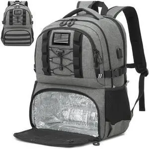 BISKLNDN Laptop Lunch Backpack for Men - 40L Large Capacity Work Backpack with Lunch Compartment and USB Post, RFID Insulated Cooler Backpack for Work, Travel, Picnic, Black+Gray