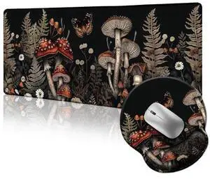 LIMKRIAN Mushroom Mouse Pad with Wrist Rest, Extra Large Gaming Computer Desk Mat with Stitched Edges