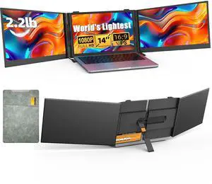 14" Triple Laptop Screen Extender - Ultra Thin & Lightweight (2.2lb) Portable Monitor For Laptop, FHD 1080P Travel Display 13-17" Laptops, Plug & Play USB-C/HDMI, Aluminum Extended Screen for Mac/Win