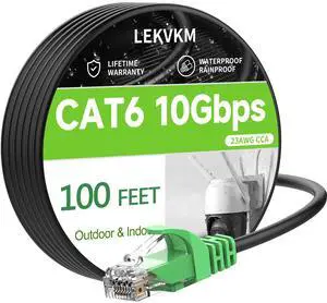 LEKVKM Cat 6 Ethernet Cable 100 ft High Speed 23AWG RJ45 Internet Cable for Outdoor and Indoor Use, Supports 10Gbps CAT6 Networks, Black PE Waterproof, Computer LAN for PCs, 100FEET Green Head