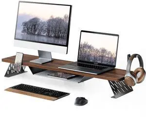 Fenge Dual Monitor Stand, 42.5 Inch Monitor Riser for Desk, Wood Desk Shelf for 2 Monitors, 2 Tier Monitor Shelf with Headphone Stand & Phone Holder