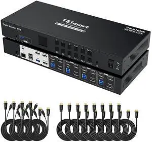 TESmart USB 3.0 HDMI KVM Switch 3 Monitors 4 Computers 4K@60Hz, Headset, Audio&Microphone, EDID emulators, Hotkey Switch, Wired Network, Rack-Ears, 4 Port Triple Monitor KVM Switch with All Cables
