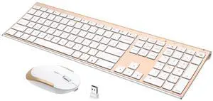 Wireless Keyboard and Mouse, Vssoplor Rechargeable Quiet Full-Size Keyboard and Mouse Combo Set Ultra Slim Design for Laptop, PC, Notebook, Desktop-White and Gold