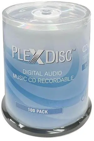 PlexDisc 52x Digital Audio Music CD-R Disc 80min 700MB Shiny Silver - 100 PK Cake Box (FFP), 100 Discs