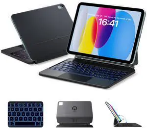 HOU Magnetic Keyboard Case for iPad 11 (A16)/10, 135° Wider Adjustable Tilt, Smooth AG-Glass Touchpad, 12 Shortcut Key Combinations, 7-Color Backlight, Deeper 1.3mm Key Travel, Bluetooth, Black