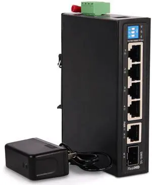Industrial Ethernet Switch, 6-Port Gigabit Ethernet Switch, 1000Mbps, 4*1 RJ45 Uplink+1 SFP Port, Din Rail & Wall Mountable (-40 to 185 F), 12Gbps Switching Capacity, with UL Power Supply