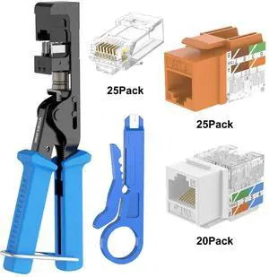 VCELINK Speed Termination Tool Bundle with 20-Pack CAT6 Keystone Jacks UL-Listed White, 25-Pack RJ45 Connectors, 1-Pack Blue Mini Wire Stripper 25-Pack RJ45 Cat6 Keystone Jacks Orange