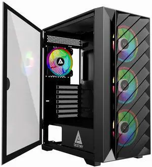 Apevia Destiny-MESH-BK Destiny Mesh Mid Tower Gaming PC Case w/ 4X 120mm ARGB Fans, 366 RGB Light Modes, 1x Metal Mesh Front Panel, 1x Door Swivel Style Magnetic Glass Side Panel, 2X USB3.0, Black
