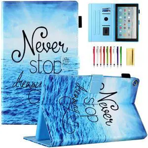 UUcovers Case for Amazon Kindle Fire HD 10 Tablet 9th/7th Generation (2019/2017) 10.1 inch with Pencil Holder/Pocket [Auto Wake/Sleep] Smart Stand PU Leather Magnetic Wallet Cover, Never Stop Beach