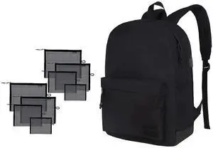 SUPACOOL Lightweight Casual Laptop Backpack with USB Charging Port and Set of 8 Black Travel Mesh Organizer Bags