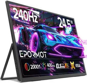 Portable Monitor 24.5 240Hz, Gaming Monitor with FreeSync, HDR, 0.1ms, 180° Adjustable Kickstand & VESA, USB-C & HDMI, 2000:1 Contrast, 400Nits IPS Large Travel Second Screen for Laptop, Game Console