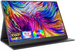 CJkao Portable Monitor 15.6 FHD 1080P USB-C & HDMI Display Ultra-Slim IPS Screen w/Smart Cover, Dual Speakers, HDR, Eye-Care, External Monitor for Laptop, Mac, Phone, PS5, Xbox, Switch, Black
