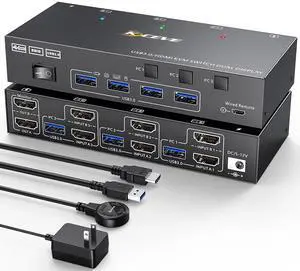 HDMI KVM Switch 2 Monitors 3 Computers 4K@60Hz,  Dual Monitor KVM Switch for 3 Computers Share 2 Displays and Keyboard Mouse Printer, Wired Remote and 5 Cables Included