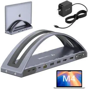 TobenONE MacBook Docking Station Dual Monitor 4K with 100W Power Adapter, 13-in-2 USB C Docking Station for MacBook Pro/Air, Laptop Dock Stand with 2 HDMI, VGA, 5 USB, PD 3.0, RJ45, SD/Micro SD, Audio