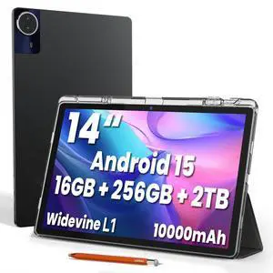 Android 15 Tablet, 14 Inch Tablet, 16GB RAM+256GB ROM, 1920x1200 FHD IPS Display Anti-Glare, T616 Octa-Core Processor, 10000mAh Battery, with Stylus, Stand Case & 6ft USB Cable (Space Gray)
