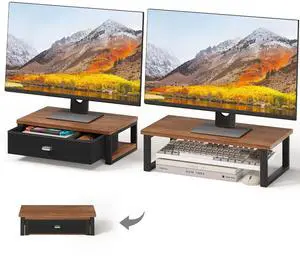WOHOMO Dual Monitor Stand Riser with Drawers, Desk Organizers for 2 Monitors, Desktop Storage Stand for Computer,Laptop,Walnut