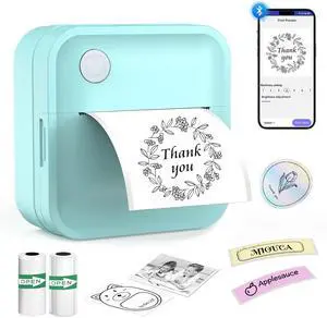 Miouca Label Maker Machine with Tape - Mini Sticker Printer Bluetooth Label Printer for Home Office Organization, Portable Thermal Sticker Maker Print Pod with Multiple Templates for Phone (Green)