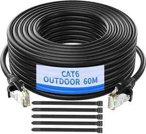 Gulaey Outdoor Indoor Cat6/Cat6e Ethernet Cable,Water Resistant Direct Burial LLDPE UV Jacket - 23AWG 10Gbps High Speed Gigabit Internet Network Cable with 50 Ties,Weatherproof for Router Modem (60M)