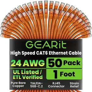 GEARit Cat 6 Ethernet Cable (50-Pack 1 Foot) Cat6 Network Patch, 10Gbps, RJ45, Snagless Cord, Gold-Plated Connectors, Internet for PC, TV, Tablet, Router, Printer, Servers, IT Data Center - Orange GEARit Cat 6 Ethernet Cable (50-Pack 1 Foot) Cat6 Network Patch, 10Gbps, RJ45, Snagless Cord, Gold-Plated Connectors, Internet for PC, TV, Tablet, Router, Printer, Servers, IT Data Center - Orange