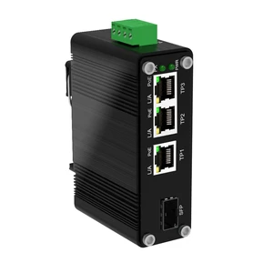 Mini 4-Port Industrial Gigabit PoE+ Switch with SFP, 9-57V DC Wide Voltage Input, 90W Total PoE Budget, Din Rail/Wall Mount, Hardened for Solar, VoIP, RV & Truck Use Mini 4-Port Industrial Gigabit PoE+ Switch with SFP, 9-57V DC Wide Voltage Input, 90W Total PoE Budget, Din Rail/Wall Mount, Hardened for Solar, VoIP, RV & Truck Use