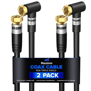Maximm RG6 Coaxial Cable 15 Ft, 2-Pack, 90 Degree Angled, Black, CL3 Maximm RG6 Coaxial Cable 15 Ft, 2-Pack, 90 Degree Angled, Black, CL3