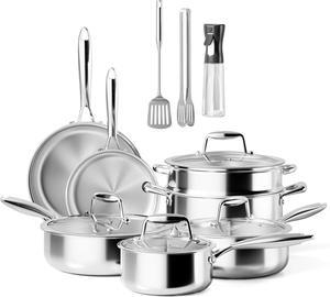 Tri-ply Stainless Pots And Pans Set with Steamer Basket, Non Toxic Induction Cookware