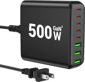 500W USB C Charger Block 8-Port USB C Charging Station Fast Charging PD 120W PC Laptop Charger Adapter Compatible with MacBook Pro/Air/All iPad  iPhone 16/15/14/13/Pro Max/Galaxy (Black)