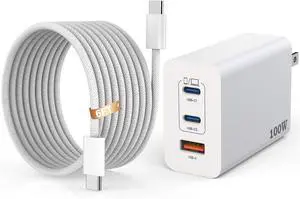 100W USB C Charger 3Ports USB C Laptop Charger Fast Charger with TypeC to TypeC Cable 6FT Woven Cable for Macbook Macbook Air Macbook pro iPhone 16/Plus/Pro/Pro Max 15/Plus/Pro/Pro Max iPad10 and More